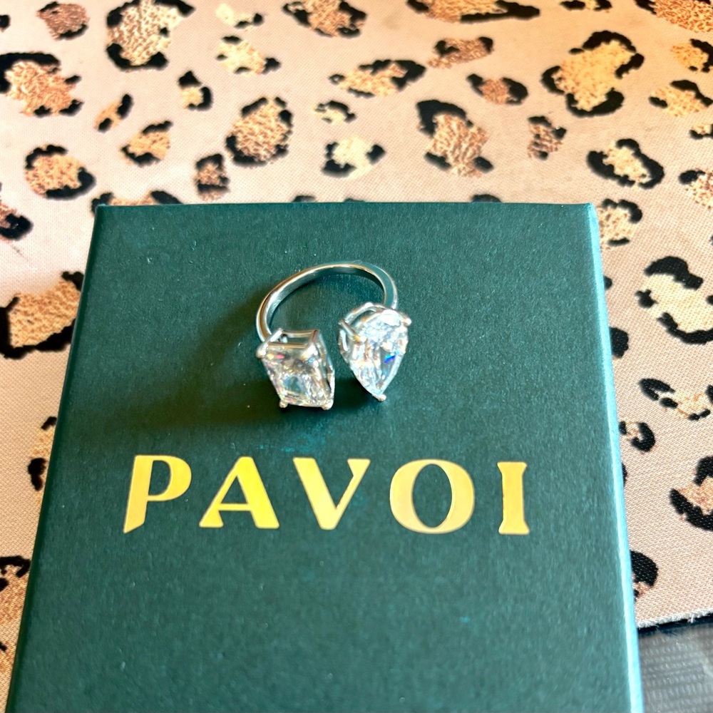 PAVOI Silver Open Ring with Clear Pear & Princess Cubic Zirconia